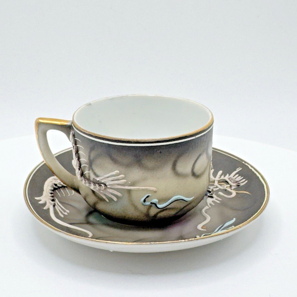 Vintage Geisha Lithophane Dragonware Small Teacup & Saucer Moriage Black Japan - Picture 3 of 16